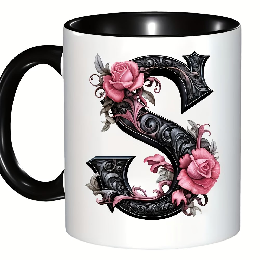 Personalized "Black Letter Floral Initial" Ceramic Coffee Mug – Custom Letter A-Z Pink Roses & Vintage Monogram Novelty Cup (M1141)